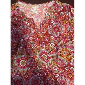 Tacera Paisley Print‎ Blouse V-Neck Long Sleeve Top Red Pink Orange 2X